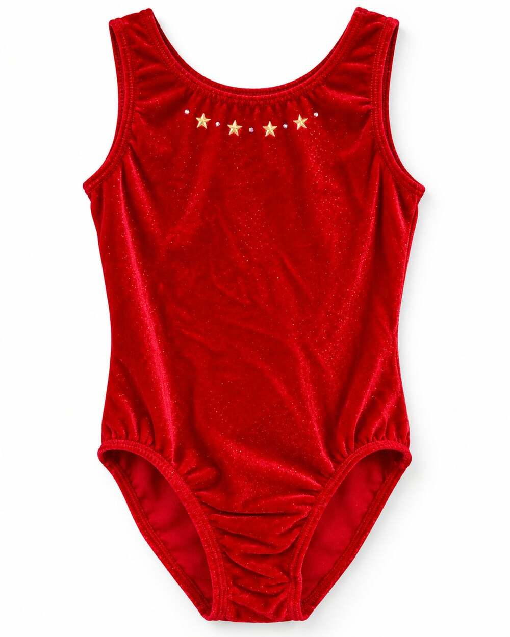GK Elite Red Velvet Sparkle Gymnastics Leotard – Girls Large – Gold Stars